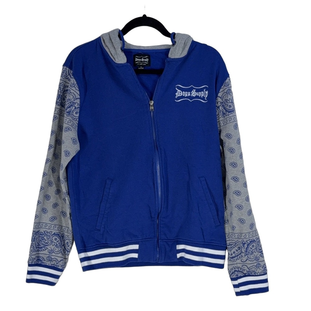 Dogg Supply Men's Zip Up Hoodie Small Blue Paisley Fleece Hip Hop Logo Pockets